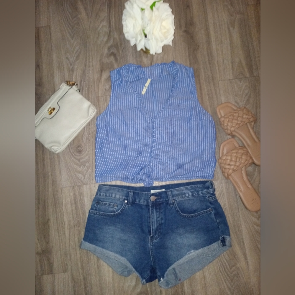 Chic, Blue Striped, Sleeveless Crop Top, Size Small